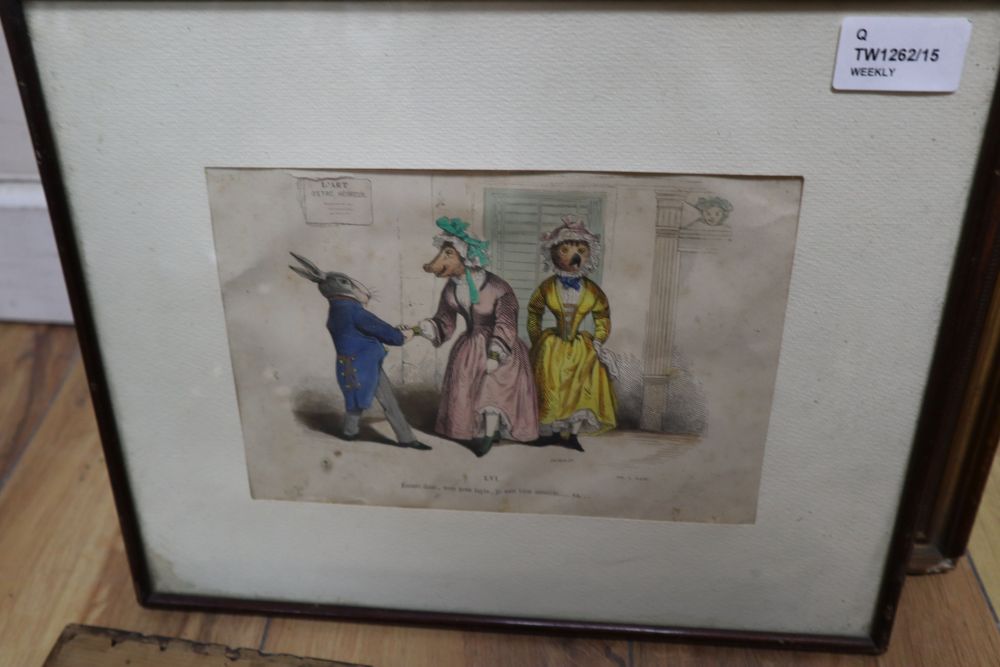 A collection of prints and engravings, including a caricature after George Moutard Woodward,